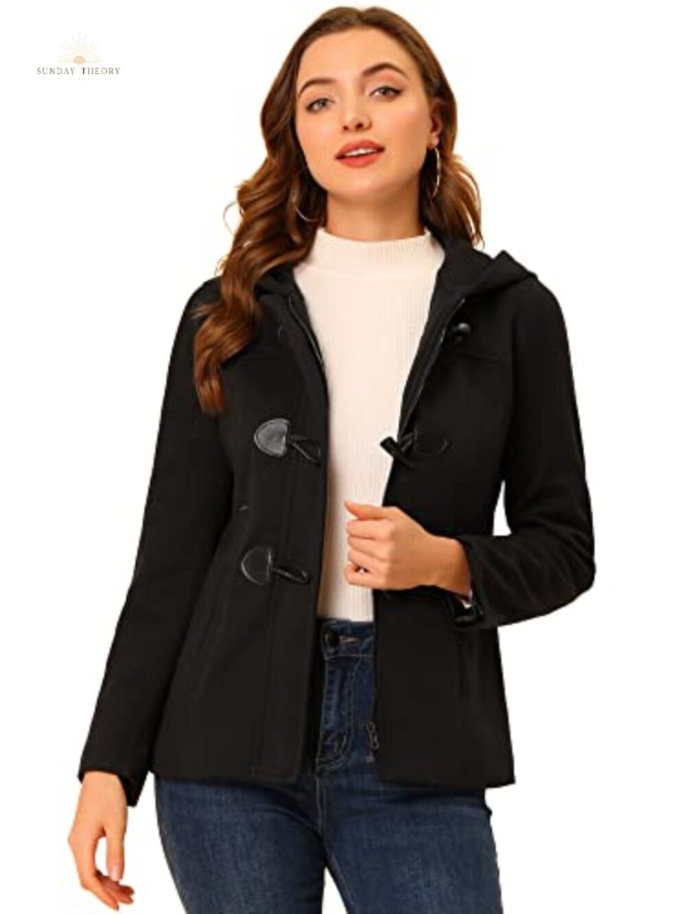 Womens Wool Blend Pea Coat Hooded Toggle Duffle Winter Jacket